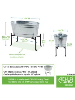 Achla Designs Mini Oval Galvanized Tub With Folding Stand -Green Works Shop 8612906 04v